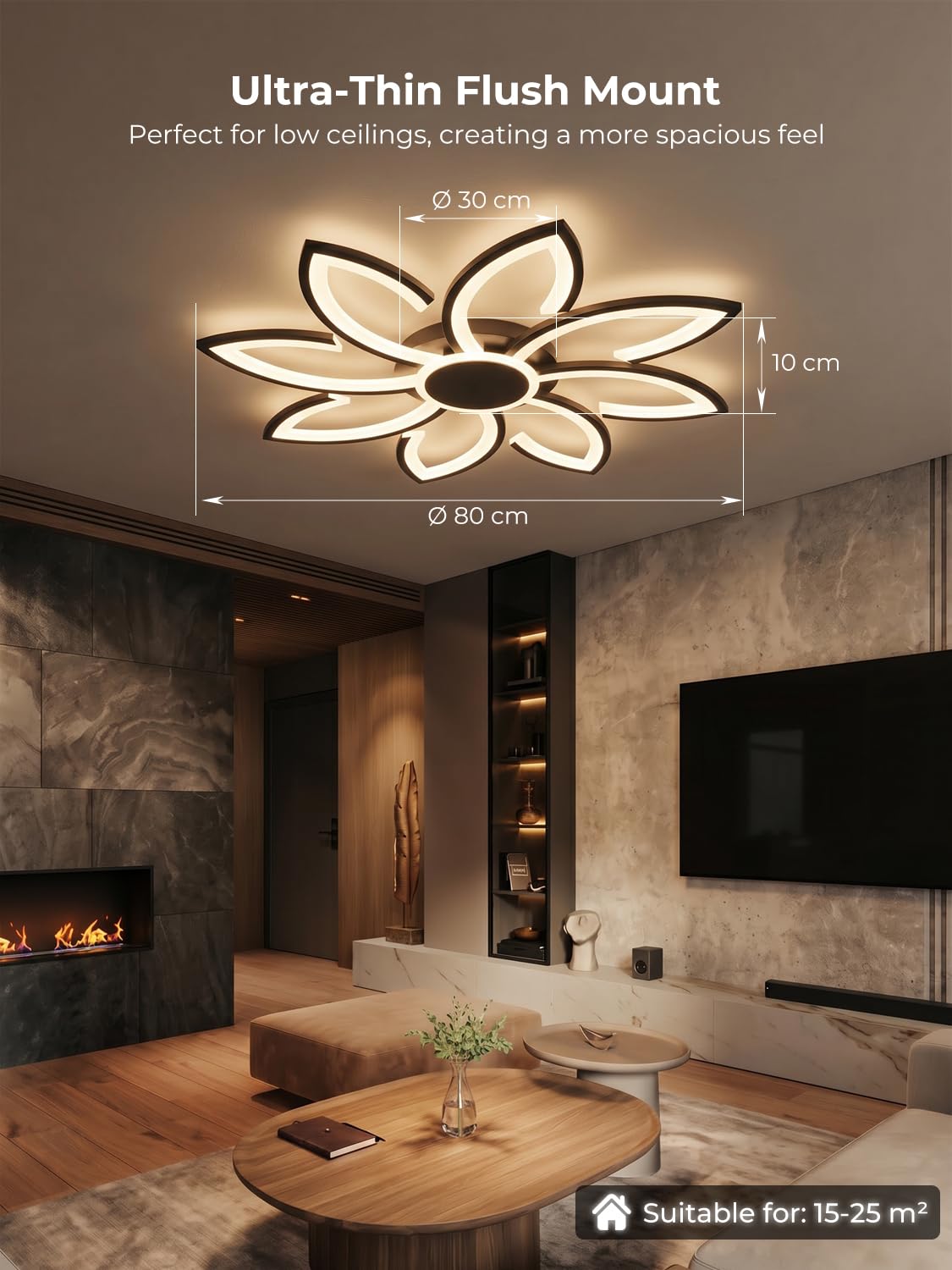 Smart LED Deckenleuchte Dimmbar 80cm, WiFi Deckenlampe Kompatibel mit Alexa/Google Home/Tuya, Modernes Blumen Design, 3000K-6500K CCT, App-Steuerung für Wohnzimmer Schlafzimmer, Schwarz