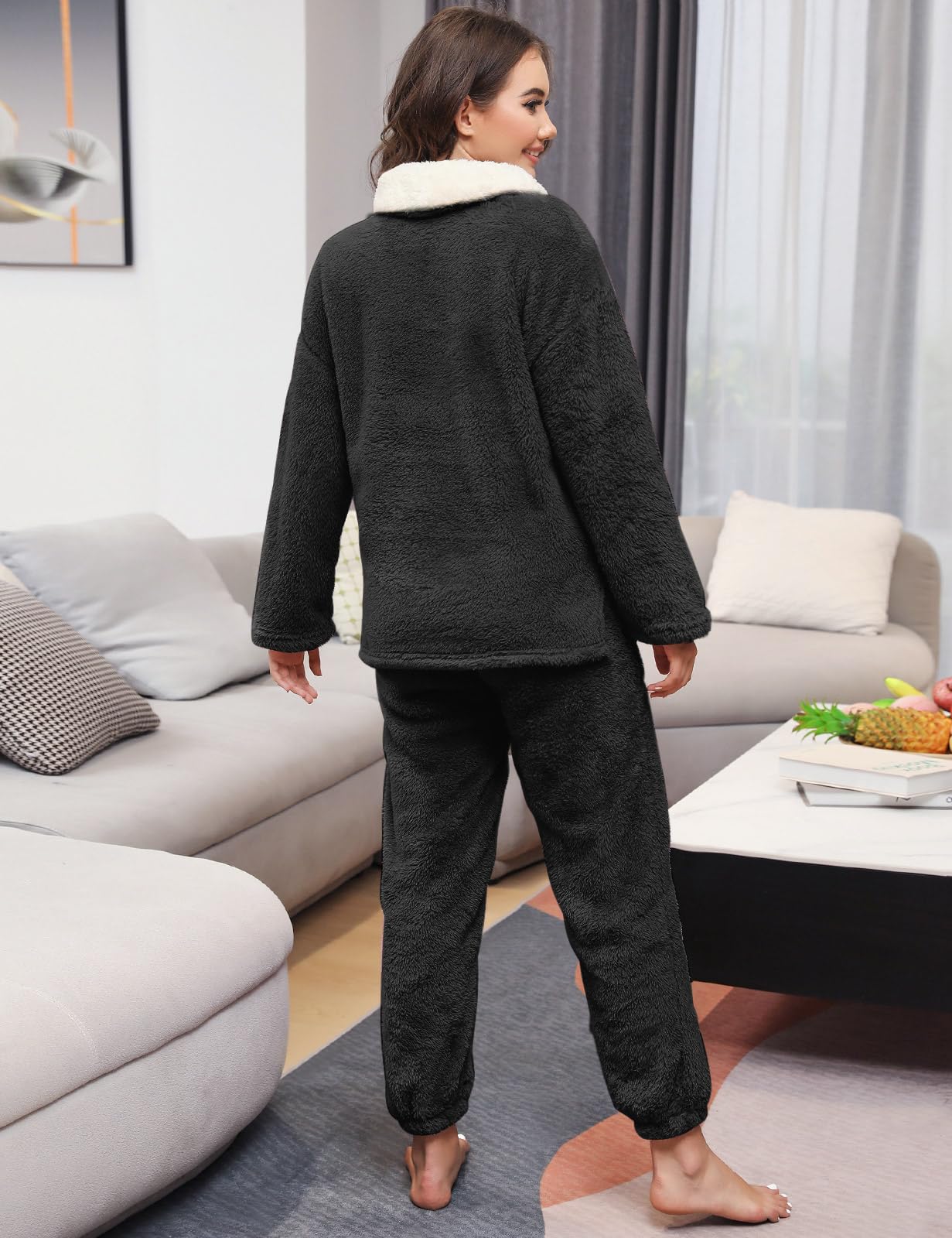 Pyjama Femme Hiver Polaire Ensembles de Pyjama Femme Pyjama Polaire Chaud et Doux Manche Longue Revers Pyjamas