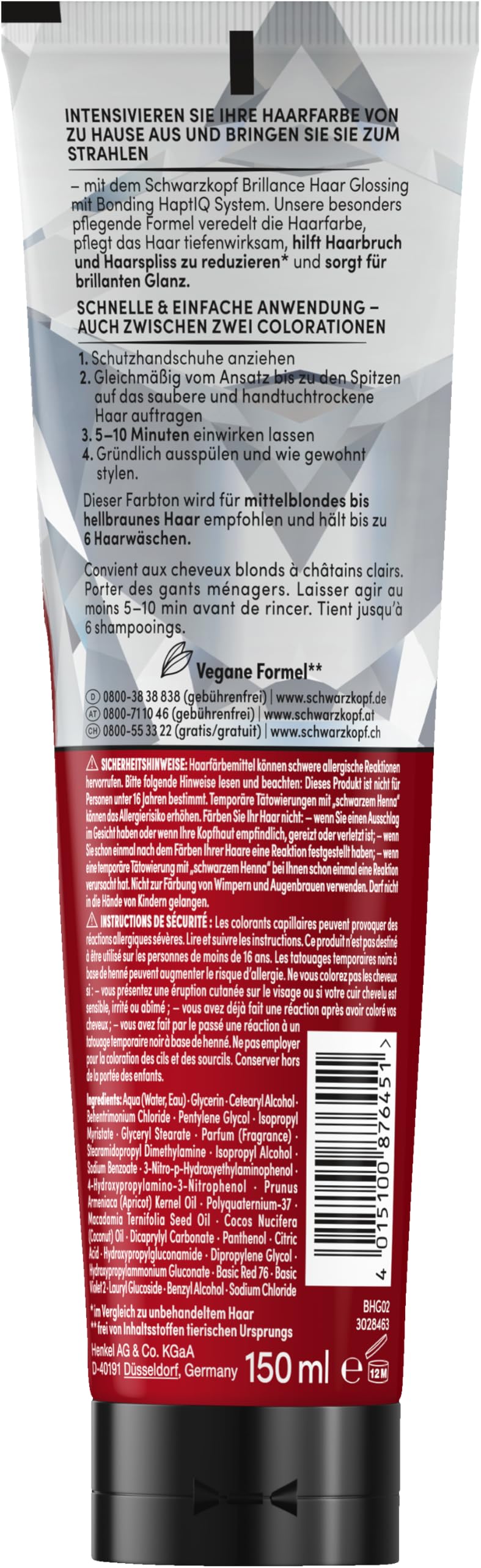 Brillance Leczenie połyskujące, intensywna czerwień (150 ml), tymczasowa farba do włosów, którą można stosować jak maskę do włosów, intensyfikuje kolor włosów do 6 myć