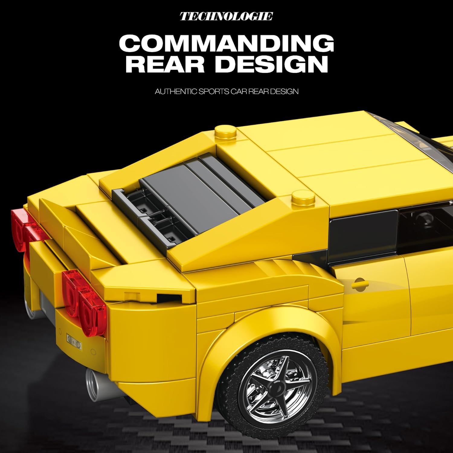 Close-up of the rear design of the Reobrix 818 Chevrolet Camaro model, showing the spoiler and taillights