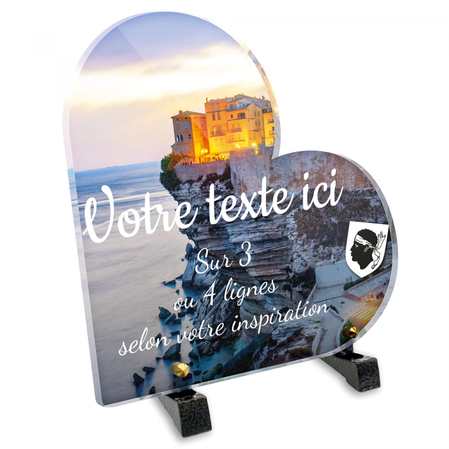 Placa funeraria Corazón personalizable en plexi con diseño regional de Córcega Bonifacio, varios tamaños, grosor 6 mm, personalizado en varias líneas 20x20 cm