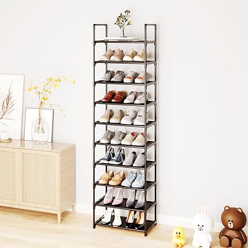 Miniatura 4 de Zapatero grande de 10 niveles, 20-25 pares de estantes resistentes para zapatos, soporte alto para zapatos de entrada, pasillo y armario (negro)