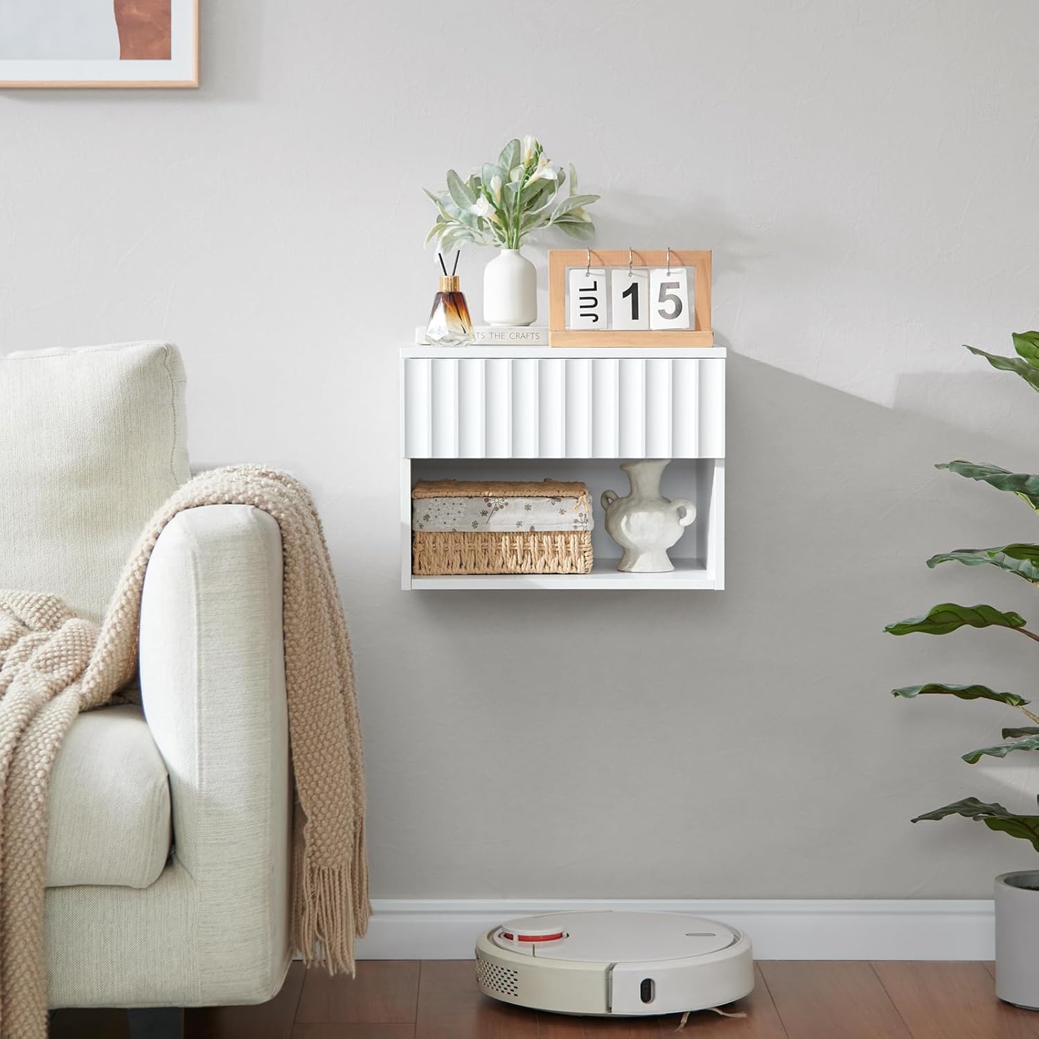 Floating Nightstand with Fluted Drawer - Modern Wall Mounted Bedside Table with Open Storage Shelf, Small Night Stand TV Stand for Bedroom(Matte White, Set of 2)