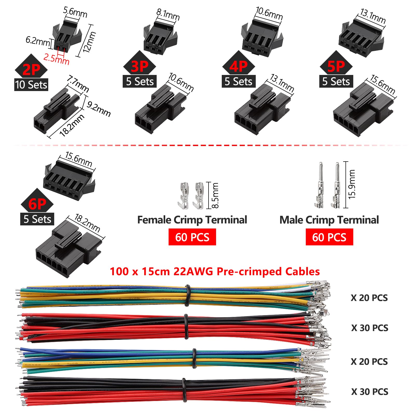 YIXISI 280 Sztuk 2.5mm Rastrze 2/3/4/5/6-Pinowych Zestaw Złączy JST-SM, Zestaw Złączy JST SM Żeńskich i Męskich, z Pojedyncza Głowica Przewodem Kablowym Wstępnie Zaciśniętym 22 AWG