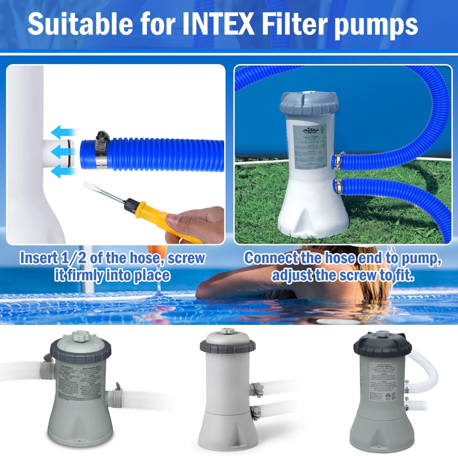 Pool Pump Replacement Hose for Above Ground Pools, 1.25 x 59 Inch Filter Hose, Compatible with Intex Filter Pump 607, 637, 330GPH, 530GPH, 1,000GPH, Includes 8 Metal Clamps, Blue (4 Pack)
