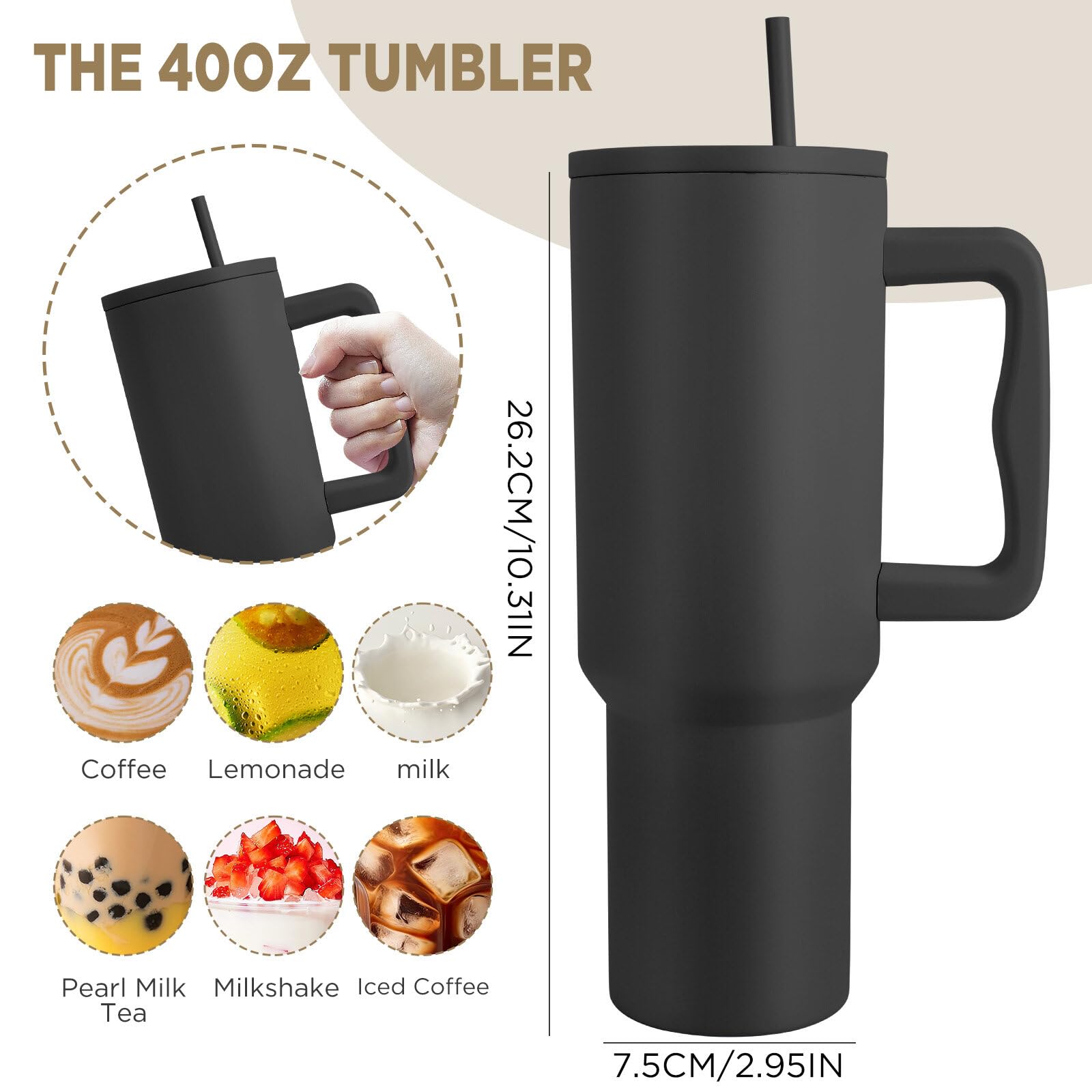 Tazza Termica Da Viaggio 1180 Ml Con Manico E Cannucce - Acciaio Inox, Isolamento Sottovuoto, Mantiene Caldo 10h E Freddo 34h, Colore Crema