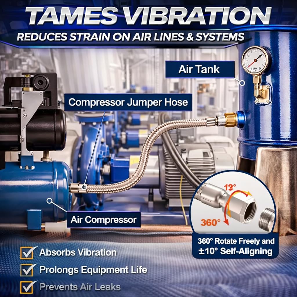 1/2" NPT Male (20" Length) Compressor Jumper Hose，450 PSI 750°F，Industrial Grade Flexible Stainless Steel with Dual Swivel Male Fittings Connectors for Air Compressor System