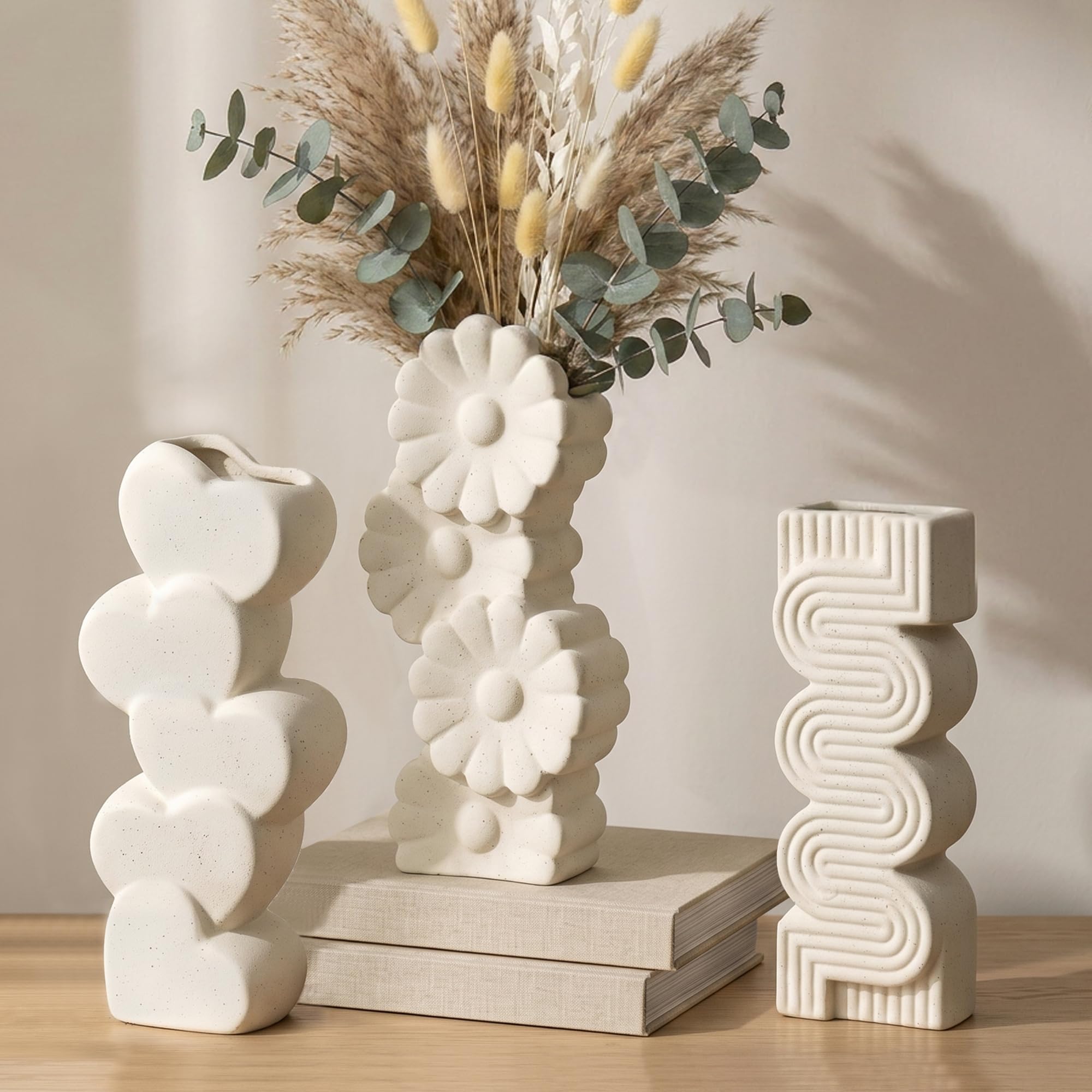 Ceramic Vase Set Cream White Modern Pampas Vases for Home Decor