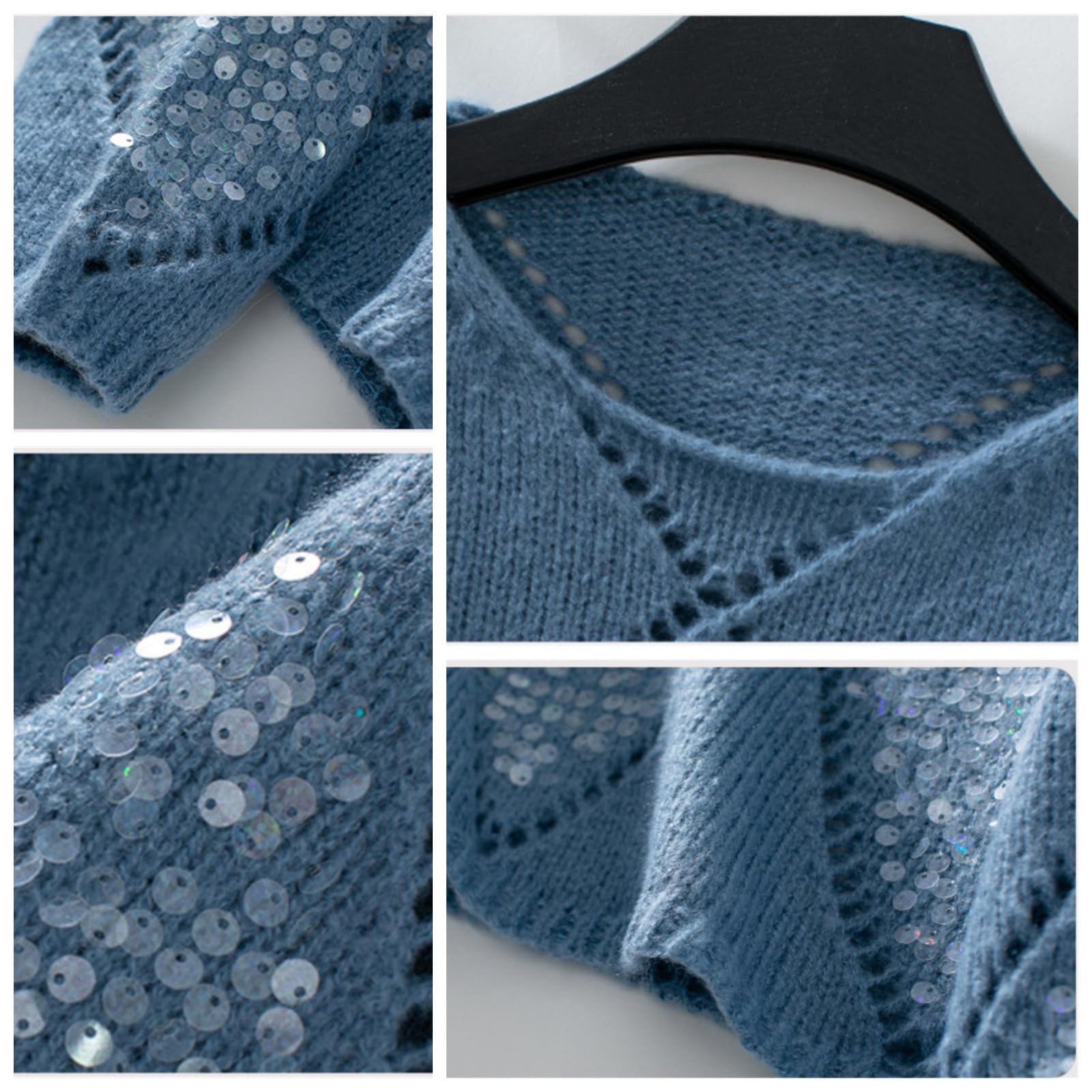 Generico Maglione da Donna in Maglia Traforata con Paillettes Scintillanti, Girocollo, Maniche Lunghe, vestibilità Ampia, Blusa Casual per Primavera/Autunno e Feste.