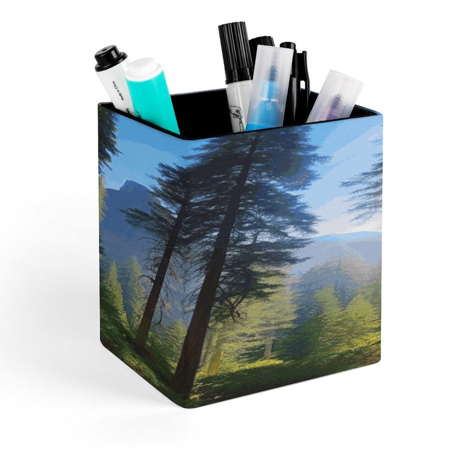JTREHY National Parks Sunshine Trees Pen Holder Square Pen Pencil Holder Makeup Brush Holders Cup PU Leather Pencil Cups Desktop Caddy Stationery Organizer Case Office Accessories Container Box