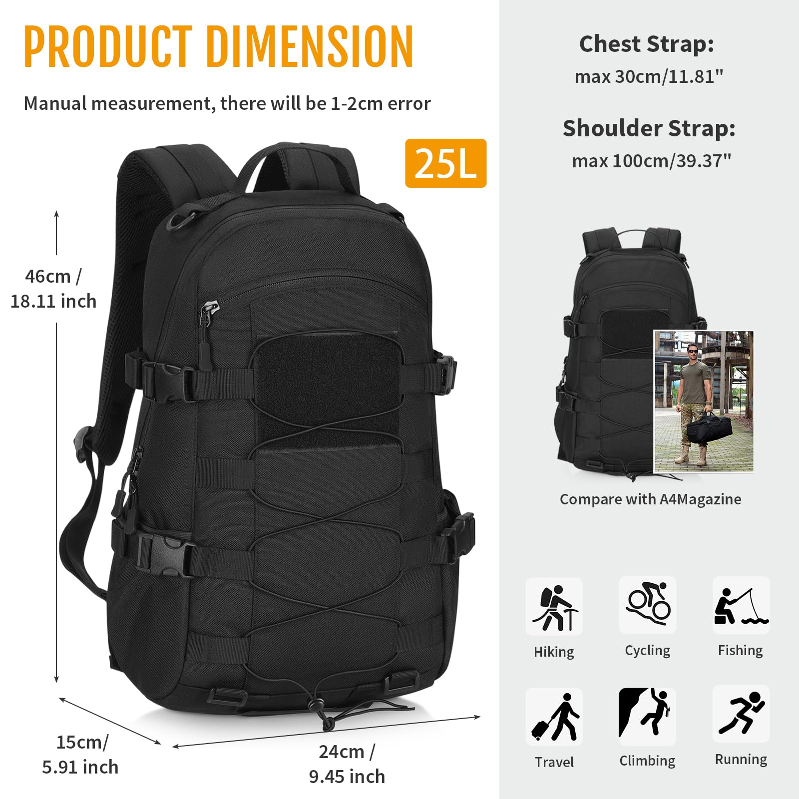 HUNTVP Mochila Tactica 25L Mochila Hombre Pequeña 1000D Nailon Militar Impermeable para Caza Correr Viajar Ciclismo Camping Trekking Senderismo,Negro