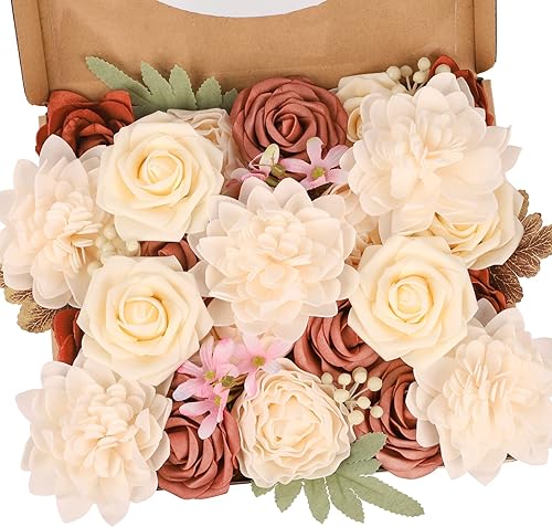 N&T NIETING Juego de cajas combinadas de flores artificiales, rosas sintéticas, ramos de flores y decoraciones florales para decoración rústica del