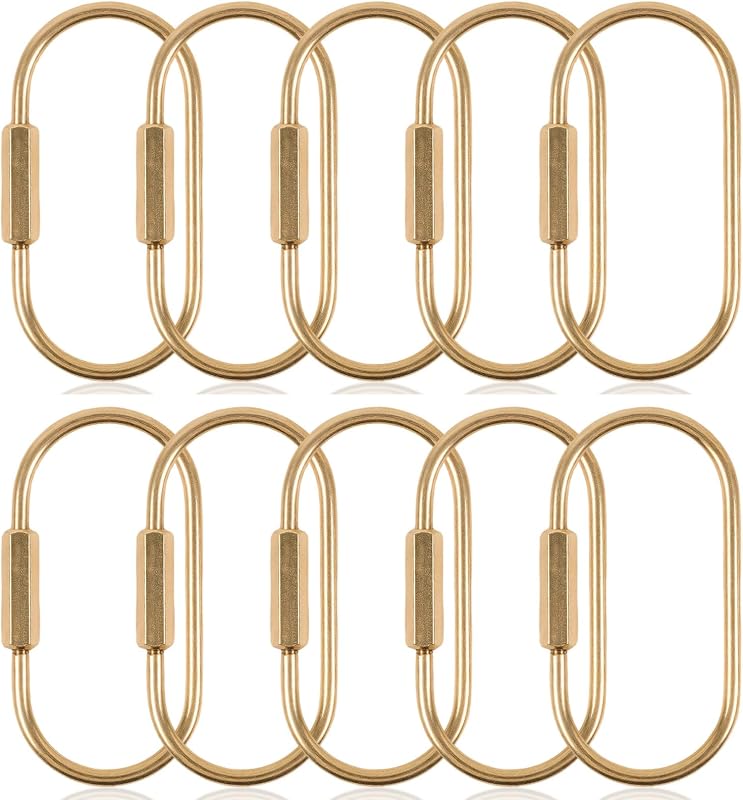 10 Pcs Solid Brass Carabiner Keychain Clip - Screw Lock Key Rings for Car Keys - Oval Gold Keyring Organizer - Heavy Duty Purse Bag Charms Holder for Handbags- Backpack Accessories for Men Women