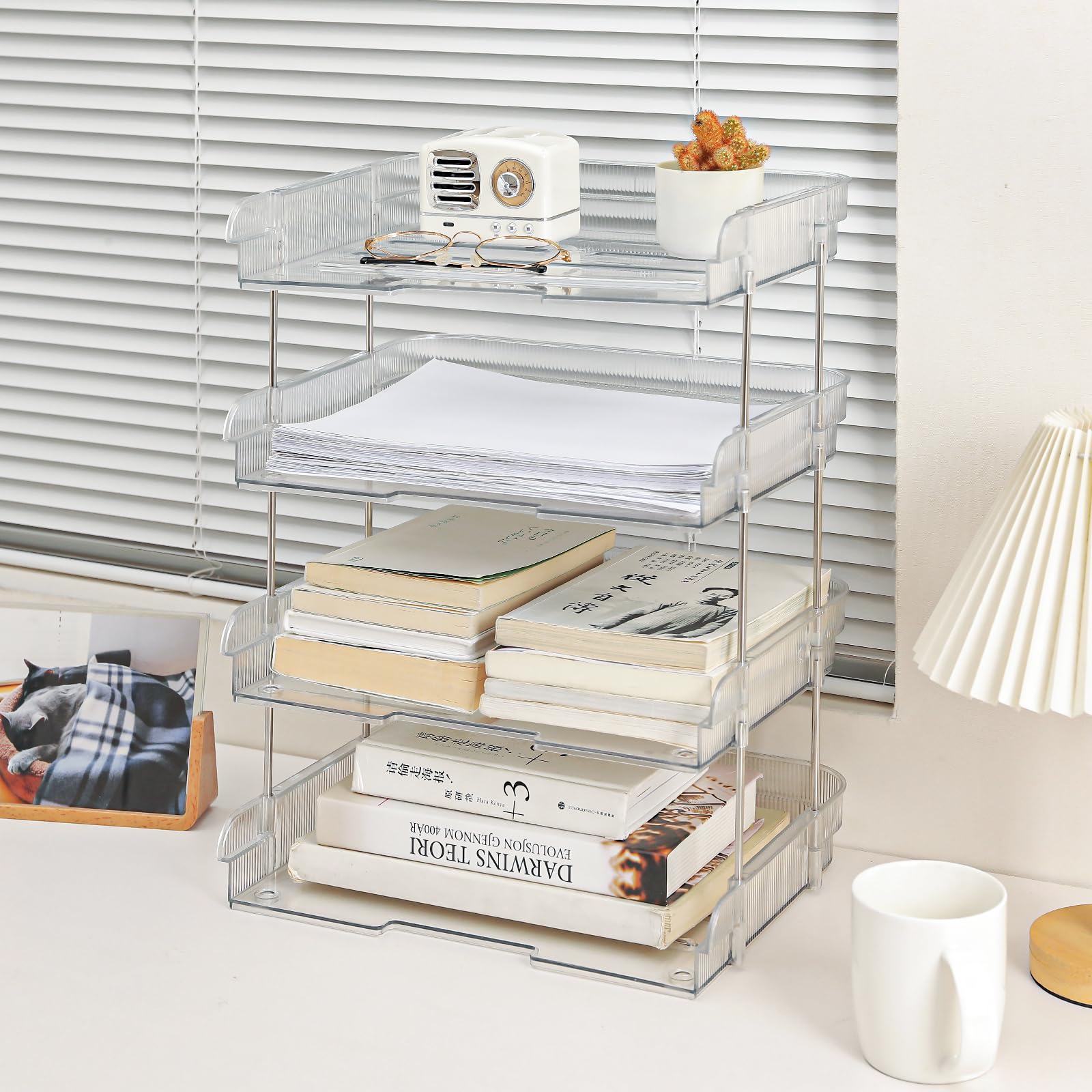 Organizador de escritorio transparente, organizador de archivos PET de 4 niveles, organizador de bandeja de papel apilable para suministros de oficina, papel de archivo, carta, archivo de