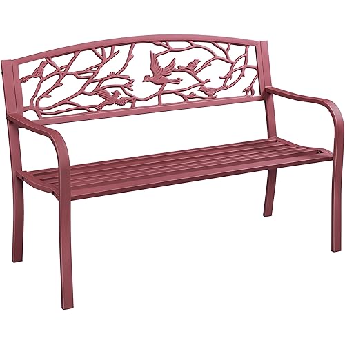 Yaheetech Outdoor Garden Bench Patio Furniture Chair Outdoor Bench with Vintage Bird Pattern Backrest, Slatted Seat, Antique Metal Bench for Yard & Porch & Park, Red