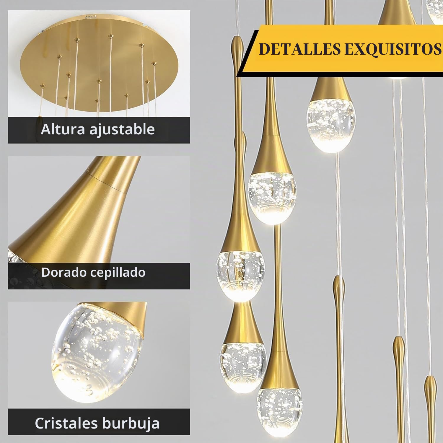 Luces Colgantes LáMparas De Cocina Led Regulables LáMpara Colgante Dorada Moderna Mini IluminacióN Colgante De Cristal En Forma De Gota De Agua Para Cocina Isla Dormitorio Pasillo Entrada (2 Luces)