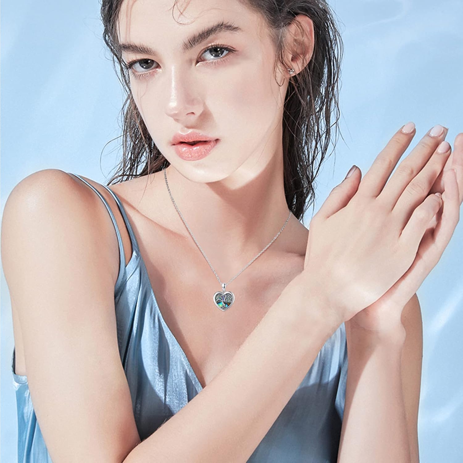 Tree of Life Locket Necklace That Hold Pictures Sterling Silver with Abalone Shell Family Tree Pendant Necklace Memorial Photo Heart Necklace Jewelry Xmas Gifts for Women