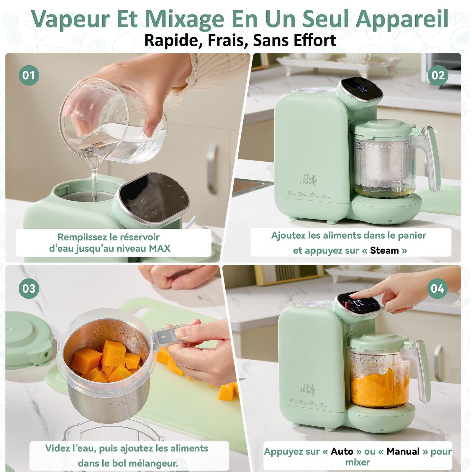 Robot Bébé Cuiseur Mixeur 5-en-1 Chefhandy avec Chauffe-biberon, Stérilisation, Mixage Automatique et Manuel (Vert)