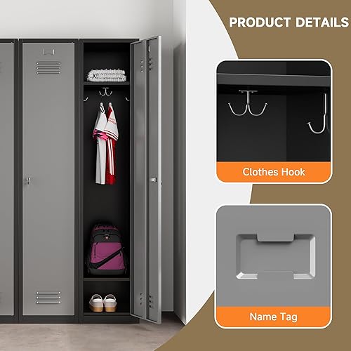 Vista 13 de Armario de metal con 6 puertas, armarios con cerradura para empleados, armarios de almacenamiento de casilleros de 71 pulgadas para escuela, Gris