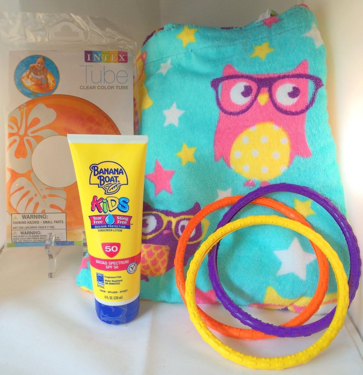 Summer Beach Towel-n-Tote Gift Set: Banana Boat Kids SPF 50, 36" Floating Tube, & 3 Dive Rings (Turquoise Owls)