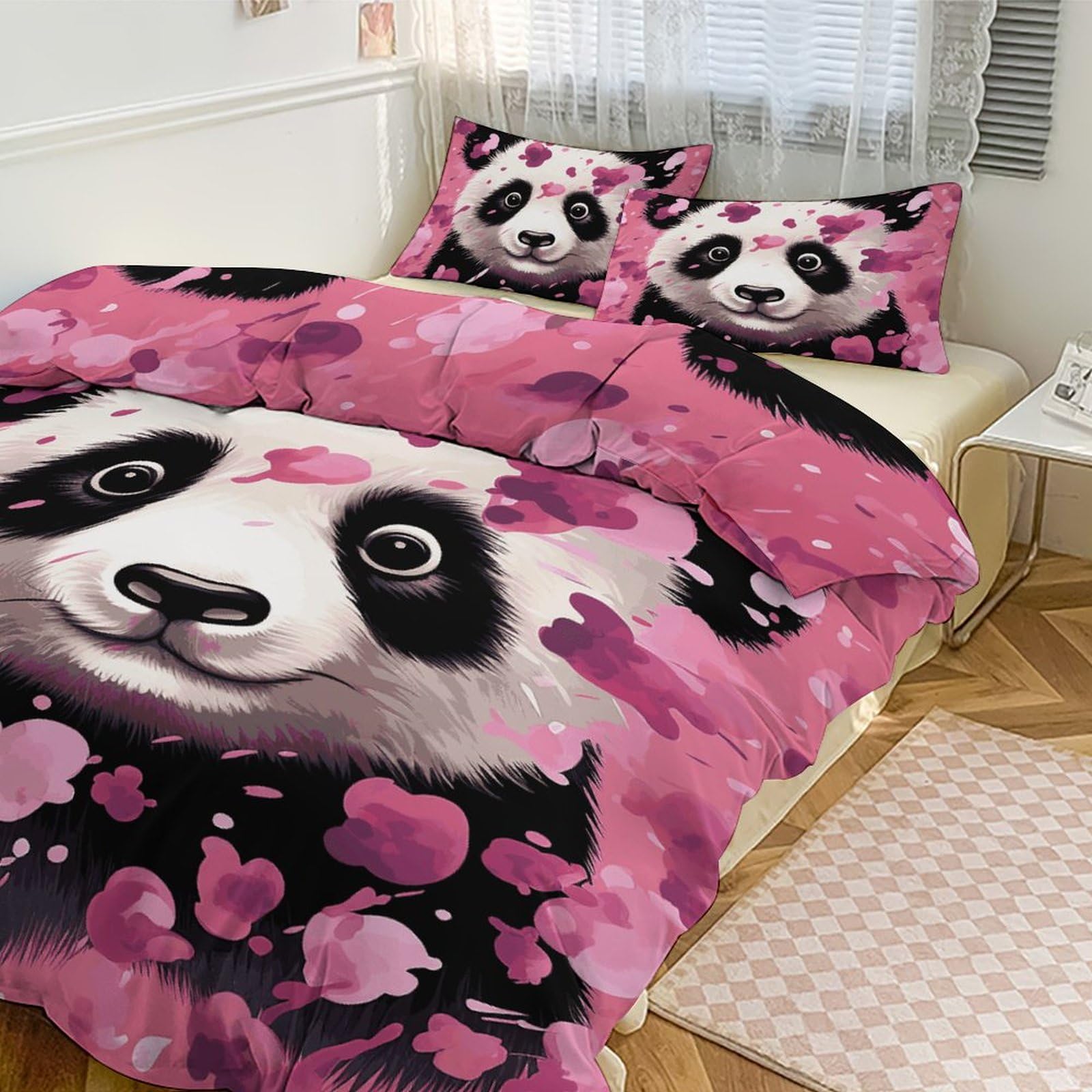 Parure de lit 3 pièces couette grand lit coton motif panda rose