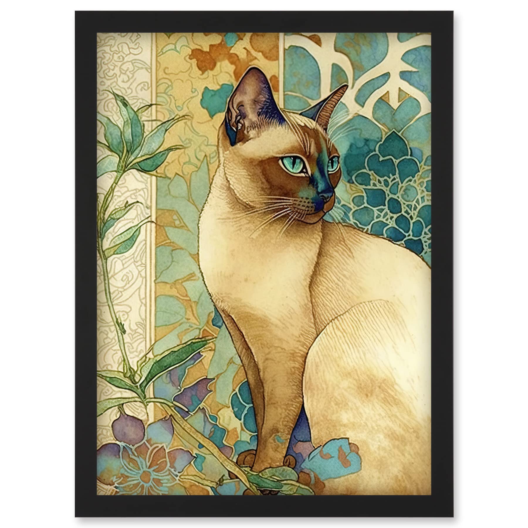 Artery8 Tonkinese Cat with Art Nouveau Botanical Patterns Colourful Watercolour Illustration Artwork Framed Wall Art Print A4