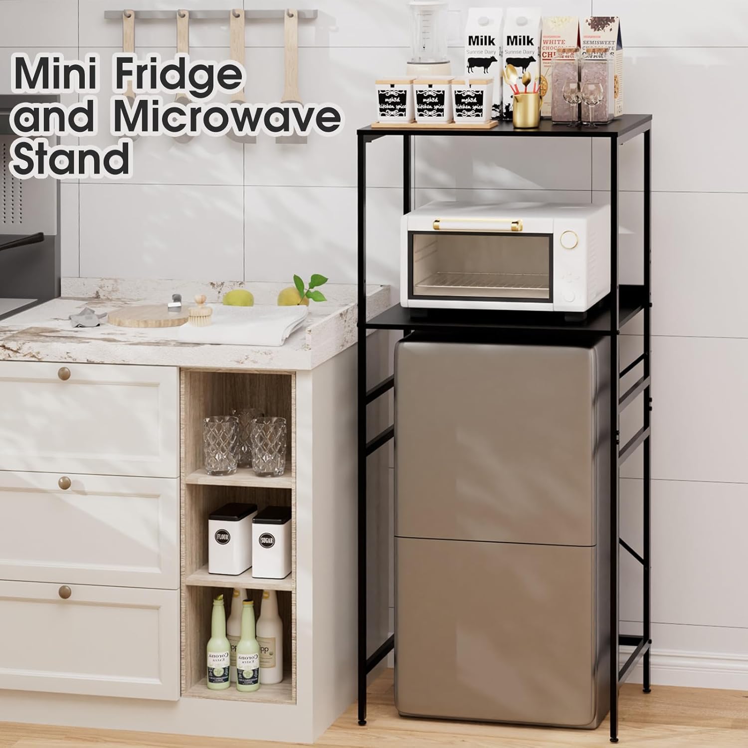 Mini Fridge Shelf Mini Fridge and Microwave Stand Over Mini Fridge Storage Rack Height Adjustable Microwave and Fridge Stand Suitable for Dorm, Kitchens, Offices, Black