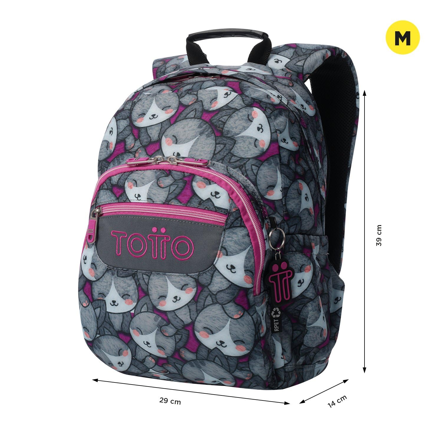 TOTTO - Mochila Escolar, Modelo Gommas, Mochila Mediana, Capacidad 15 L, Bolsillo para PC 14", Bolsillo Botella, Espaldar Ergonómico con Flujo de Aire, Cómodas Correas en S, Estampado Kitten Rose