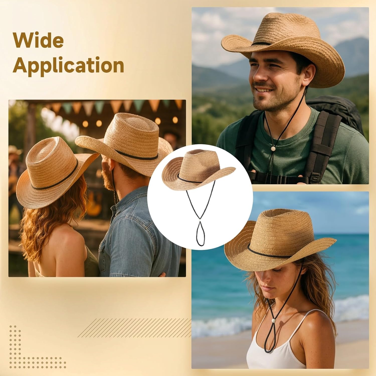 12 Pcs Straw Cowboy Hats for Women Men, Wide Brim Summer Protection, Breathable Beach Hats with Adjustable Chin Strap, Khaki Color, Ideal for Outdoor Activities and Parties - Image 5