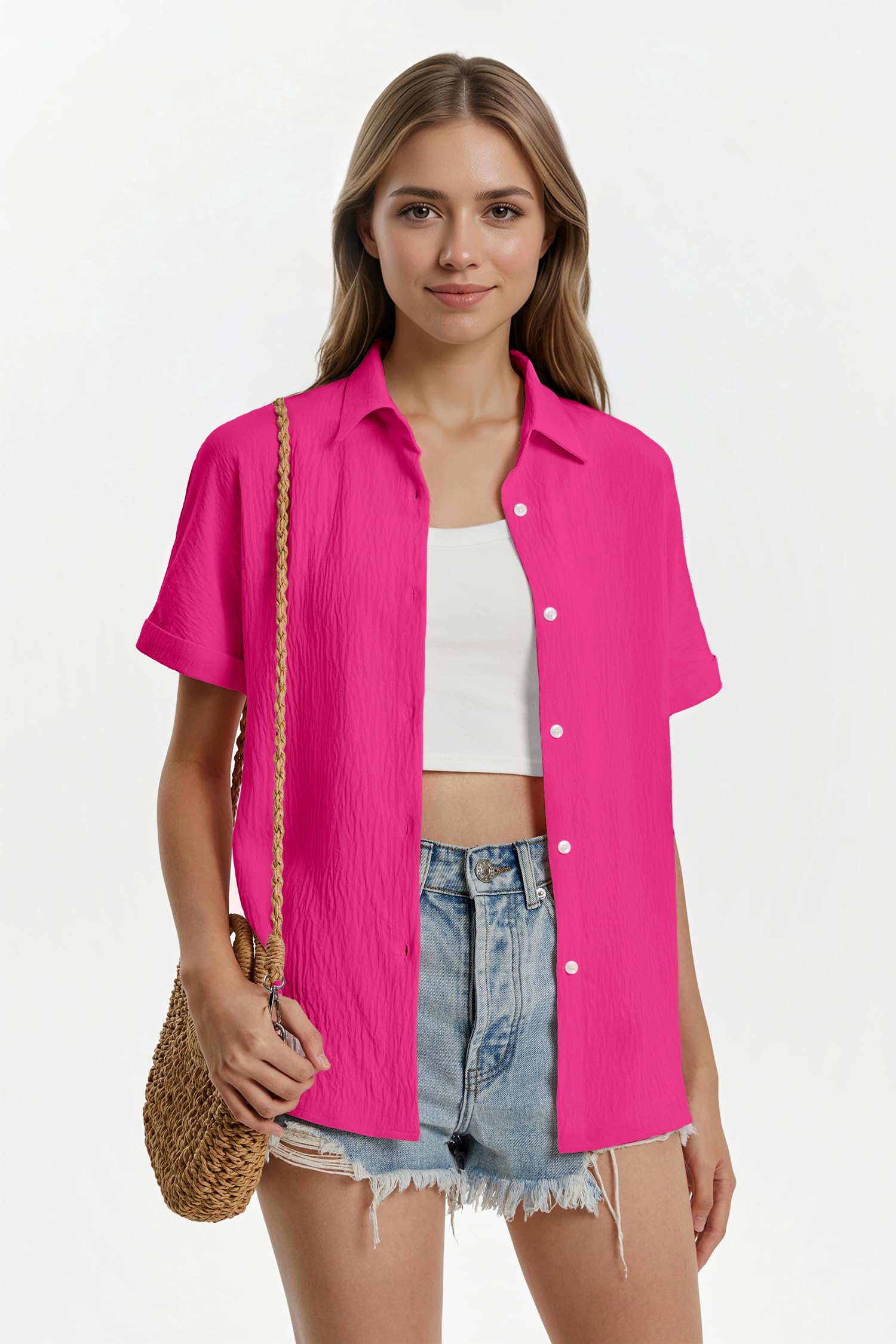Camicia Donna Manica Cortae Camicette Donna Estive Scollo a V Camicetta Bottoni Larghi Casual Camicie Elegante Blusa Tinta Unita