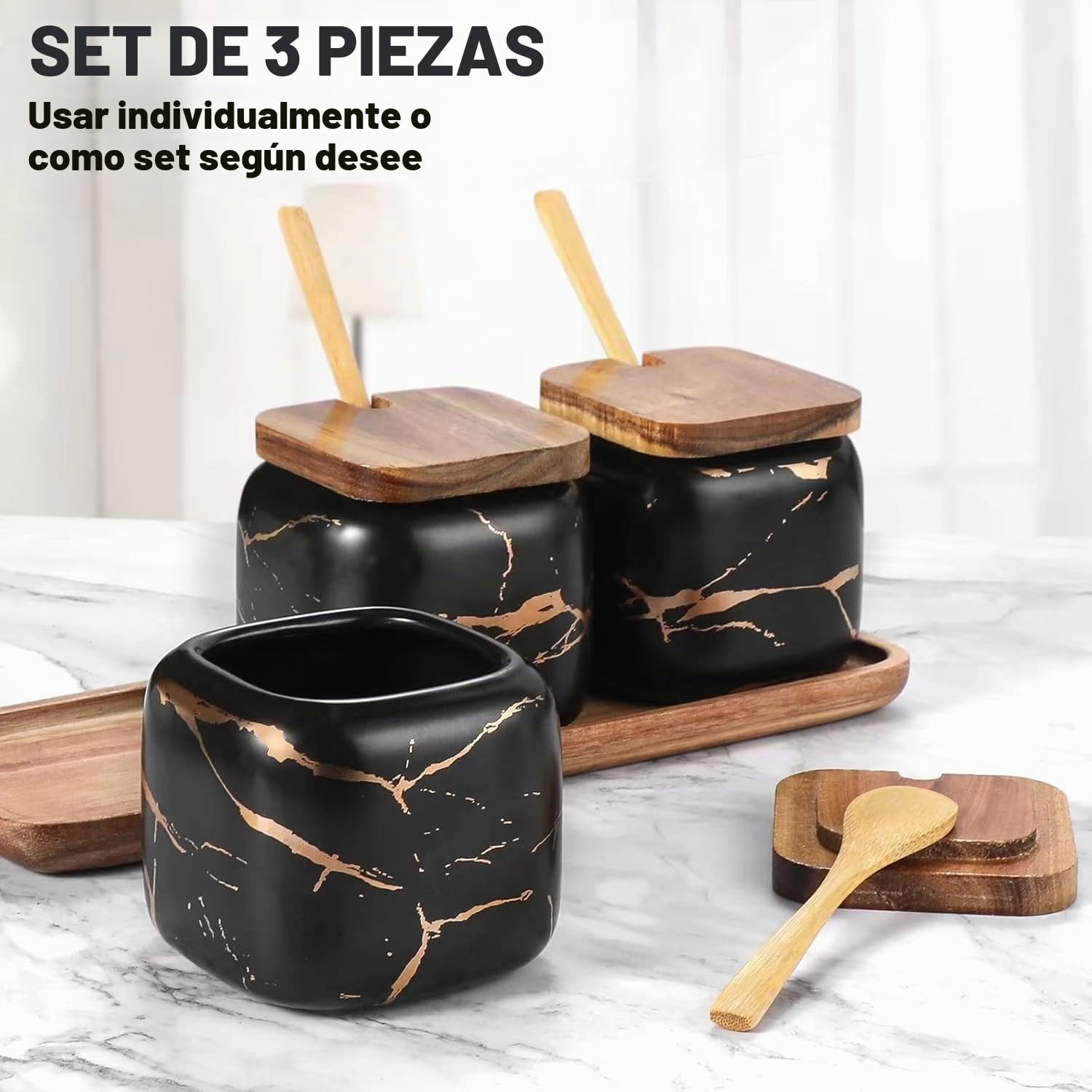 Juego de tarros especias, 3 unidades, azucarero cerámica con tapa y cuchara bambú para casa cocina, alternativa al especiero cocina mesa comedor, diseño mármol negro