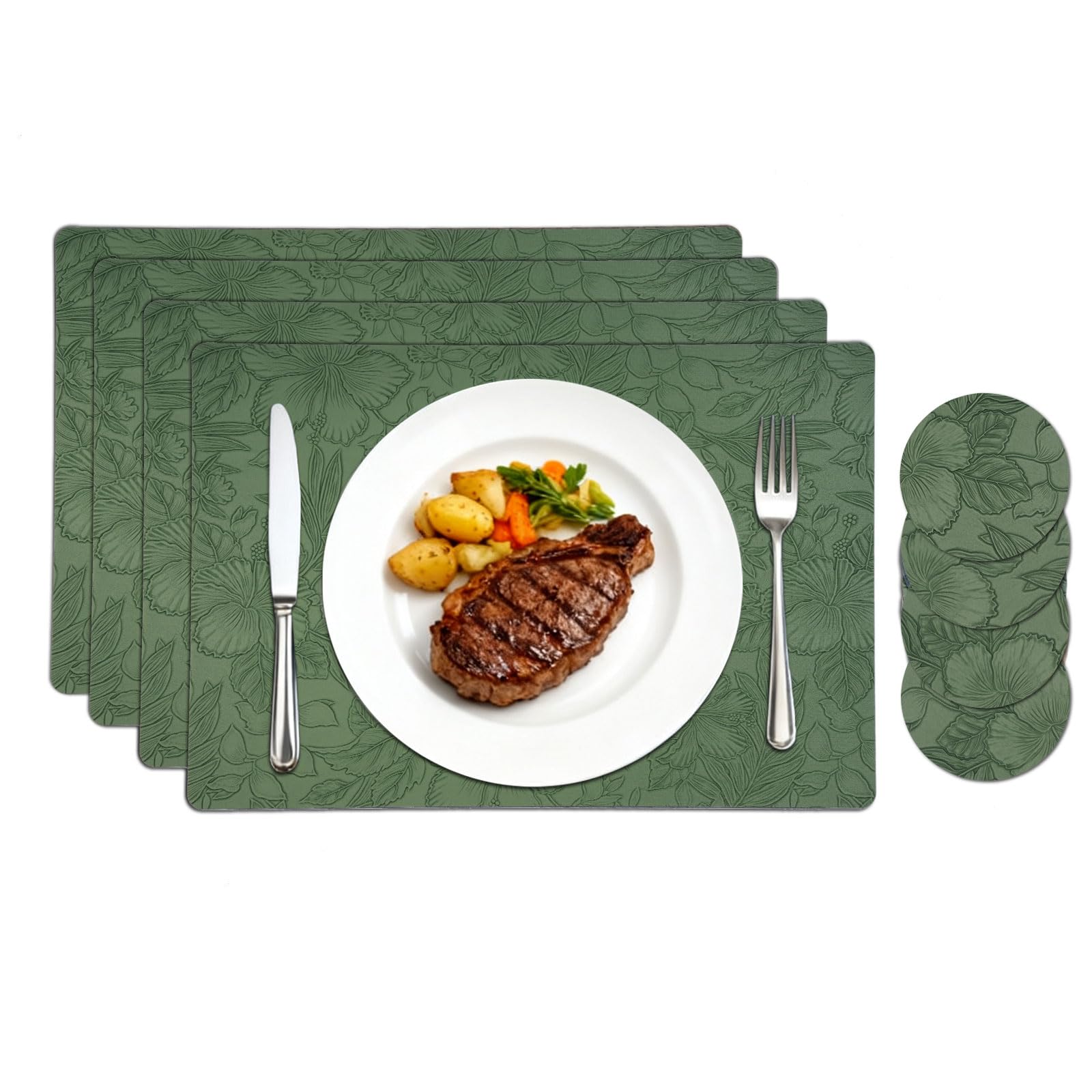 Homcomodar Tischsets Abwaschbar 4er Set Leder Platzsets Abwaschbar mit Untersetzer Blumen Platzset rutschfest Tischset Hitzebeständig für Hause Küche Restaurant(43x30cm Grün)