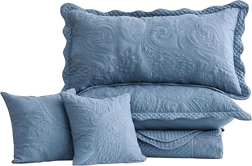 Vista 133 de Colcha extragrande tamaño King, funda de cama ligera ultrasónica, patrón de cachemira, reversible, 5 piezas, 100% microfibra, blanco puro 1-amarillo