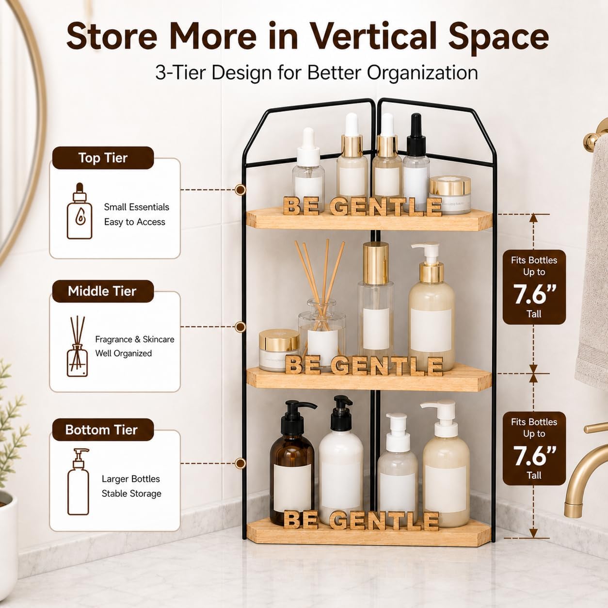 3 Tier Corner Bathroom Organizer – Space Saving Countertop Shelf with Wood & Metal Design, Multi-Purpose Storage Rack for Bathroom, Kitchen & Vanity (Rustic Brown)