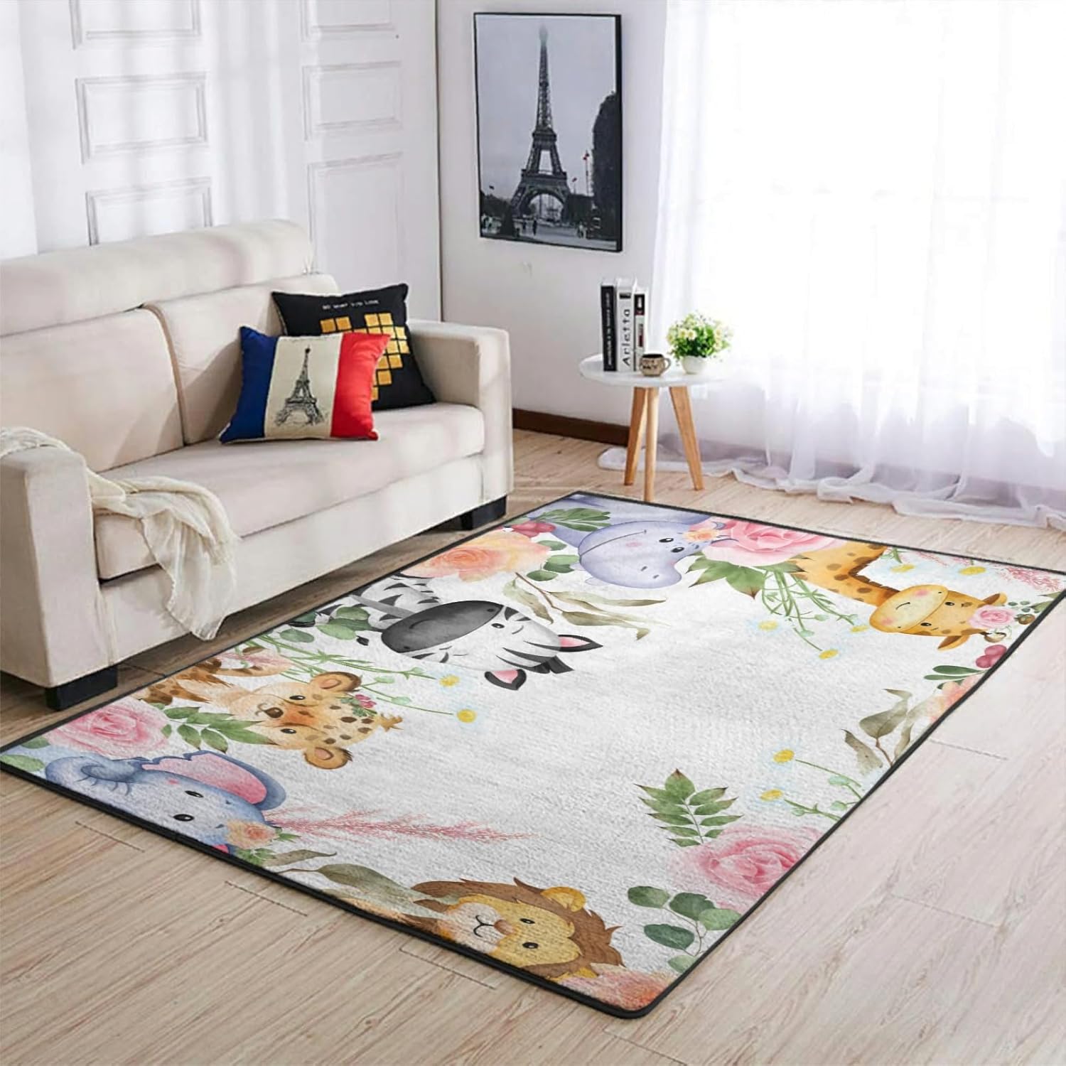 Jungle Safari Animals Tropical Leaves Area Rugs Lion Elephant Giraffe Hippo Zebra Green Leaves Floor Mats Baby Animals Throw Carpets for Toddler Nursery Bedroom Living Room Bathroom Playmat 20x32in