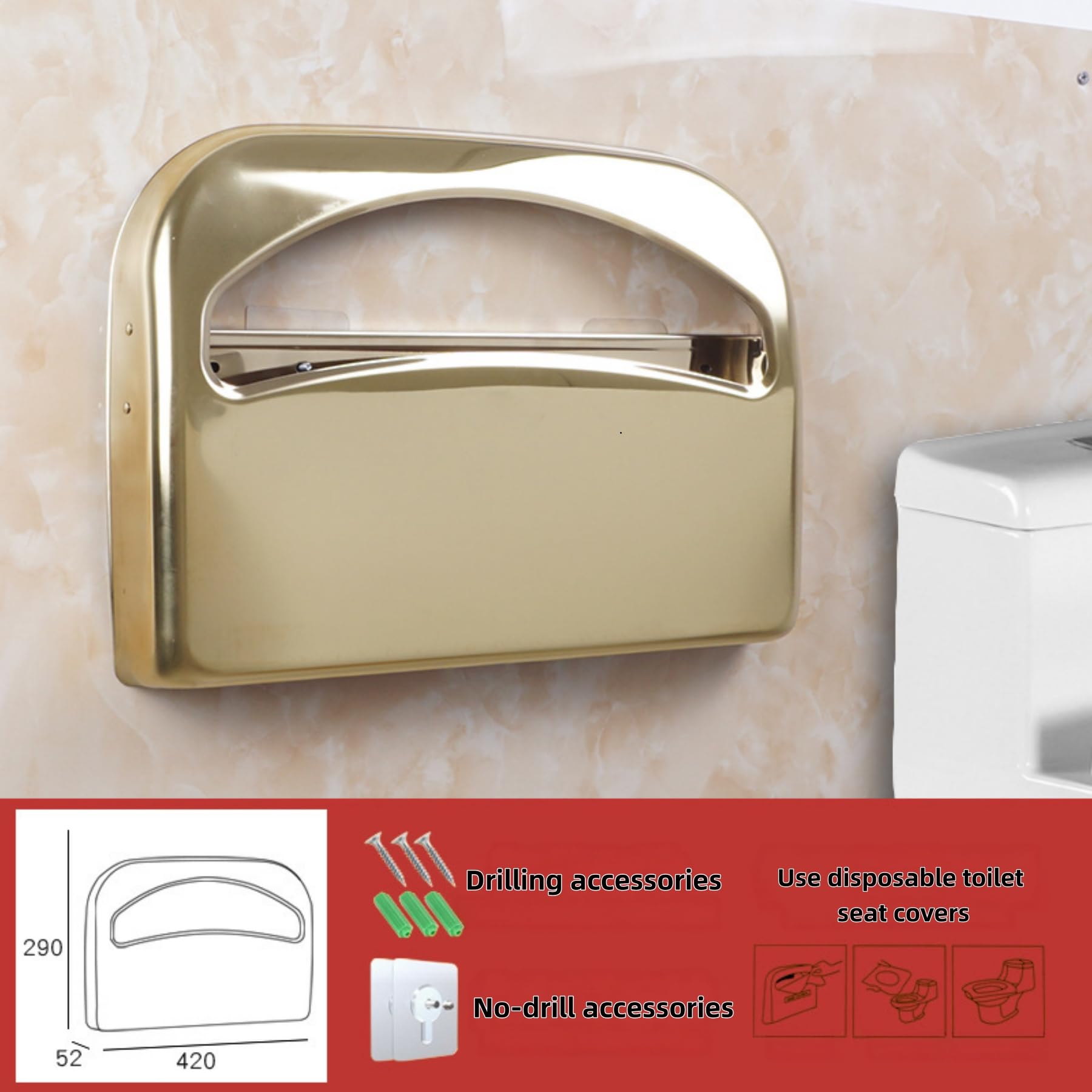 Dispenser a parete di copriwater monouso in acciaio inox 304 di alta qualità, con supporto per copriwater pieghevoli a metà e doppia opzione di installazione per bagni commerciali.
