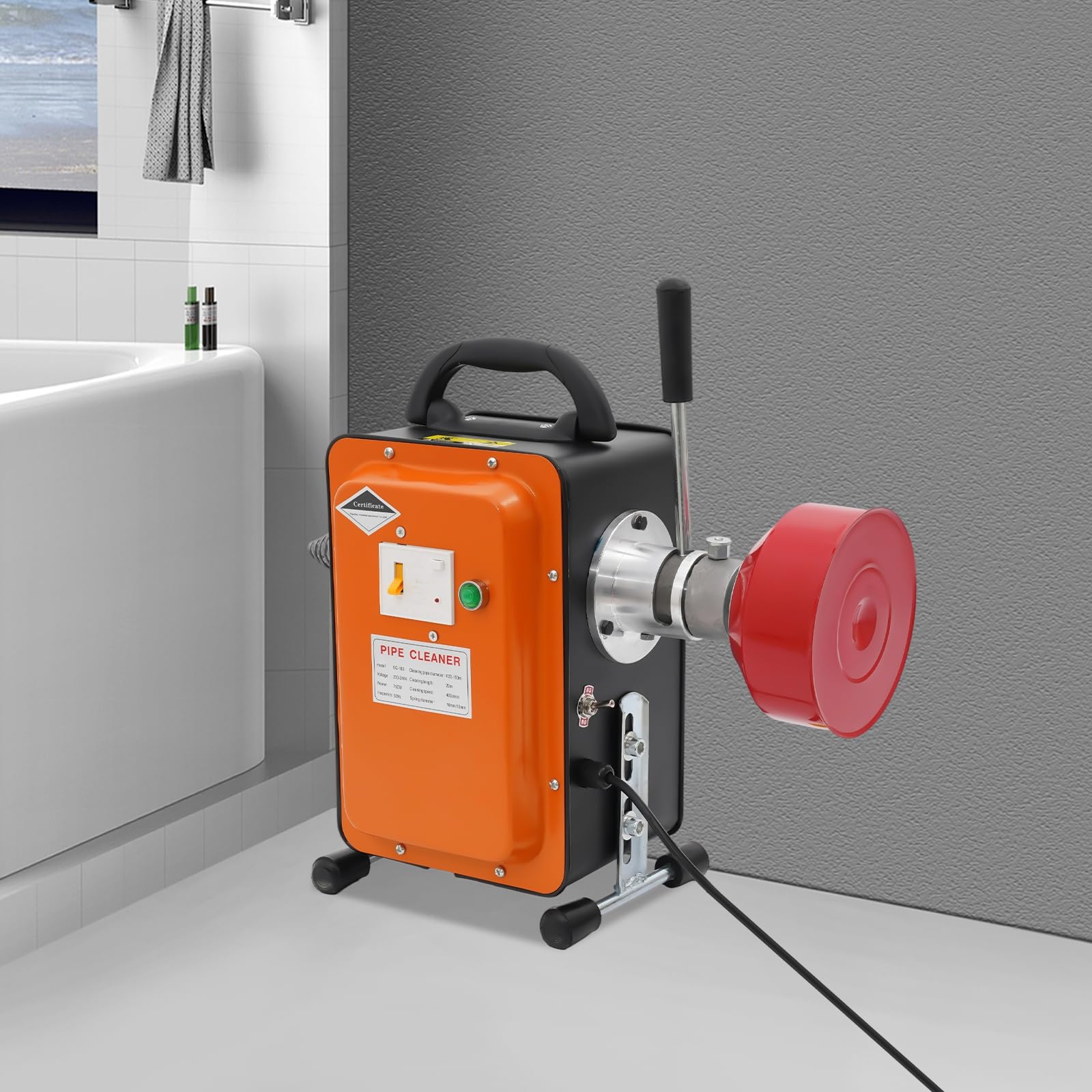 Rohrreinigungsmaschine 750W, Abflussreiniger elektrisch, für 20m Rohre | 400 U/min, mit 20m Feder & 10mm/16mm Spirale, inkl. Roller, Handschuhe & Zubehör, für Küche, Bad & Toilette, Orange