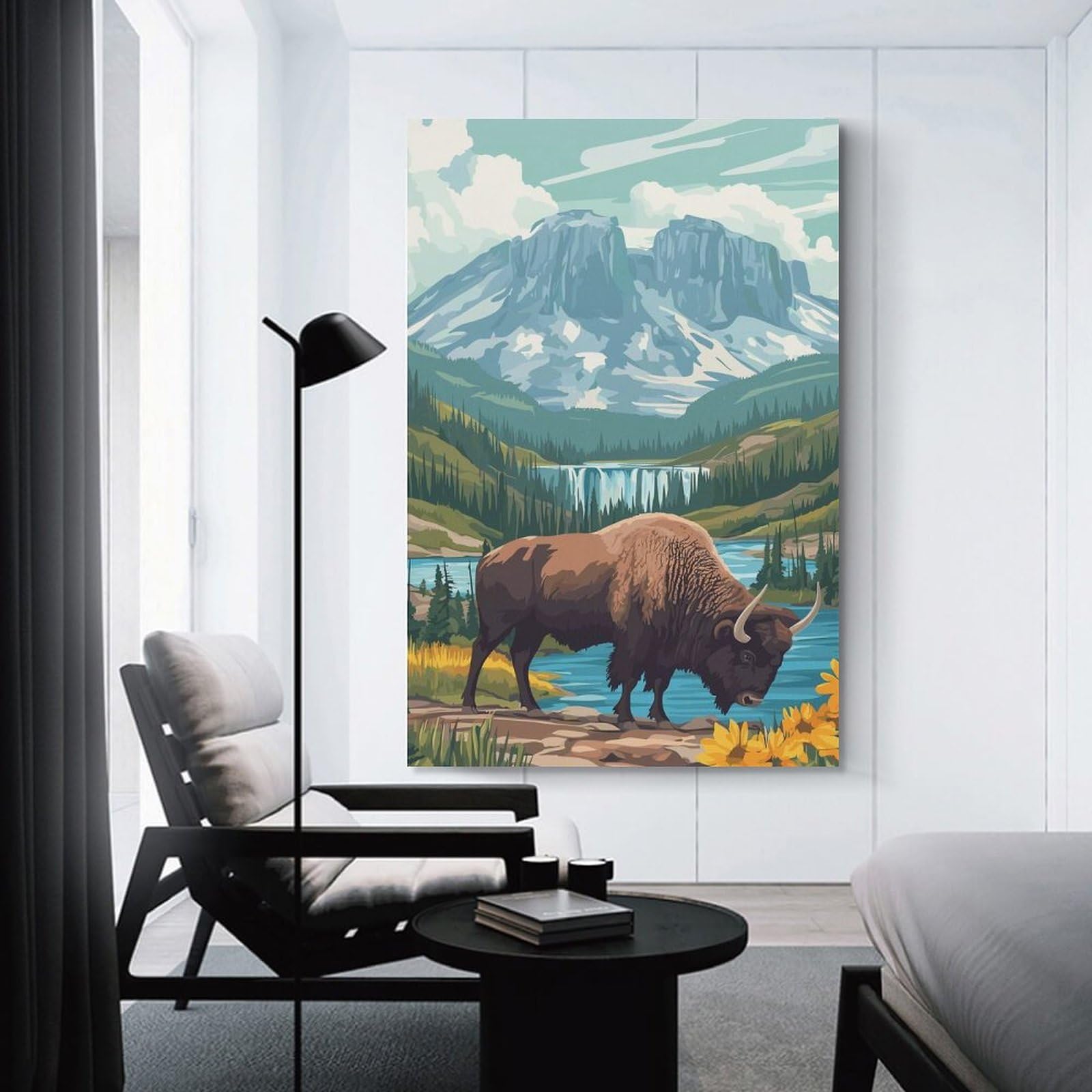 Junmoney Bison by Waterfall Decorative Wall Artwork, 24x36inch(60x90cm), for Study, Office Or Focused Interiors, A Smart Decor Choice for Study Walls