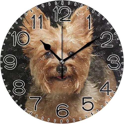 Miniatura 1 de Reloj de pared con diseño de perro Yorkie, funciona con pilas, silencioso, de cuarzo, analógico, rústico, estilo rural, redondo, decoración retro