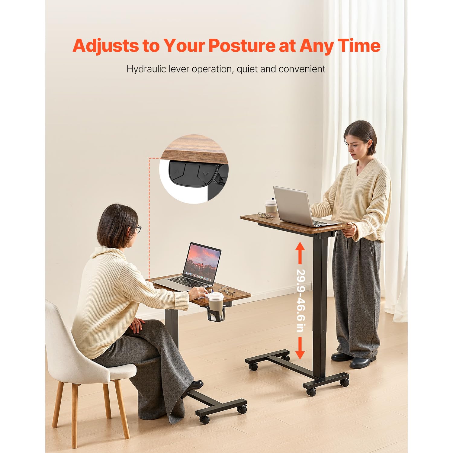 Happybuy Overbed Table: A Mobile Marvel! Equipped with 4 Wheels and an Electric Lifting System. Features a Cup Holder and Adjustable Height. Wood + Black Design—Perfect for Home, Office, and Study!