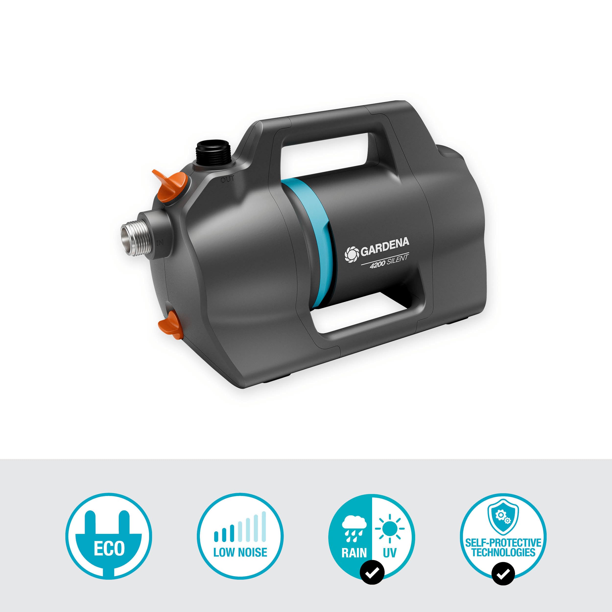 Gardena bomba jardín 4200 Silent Set: bomba riego silenciosa e innovadora con válvula succión 3,5 m y manguera Classic 20 m, caudal 4200 l/h, motor 600 W, impermeable, bajo consumo (9055-20)