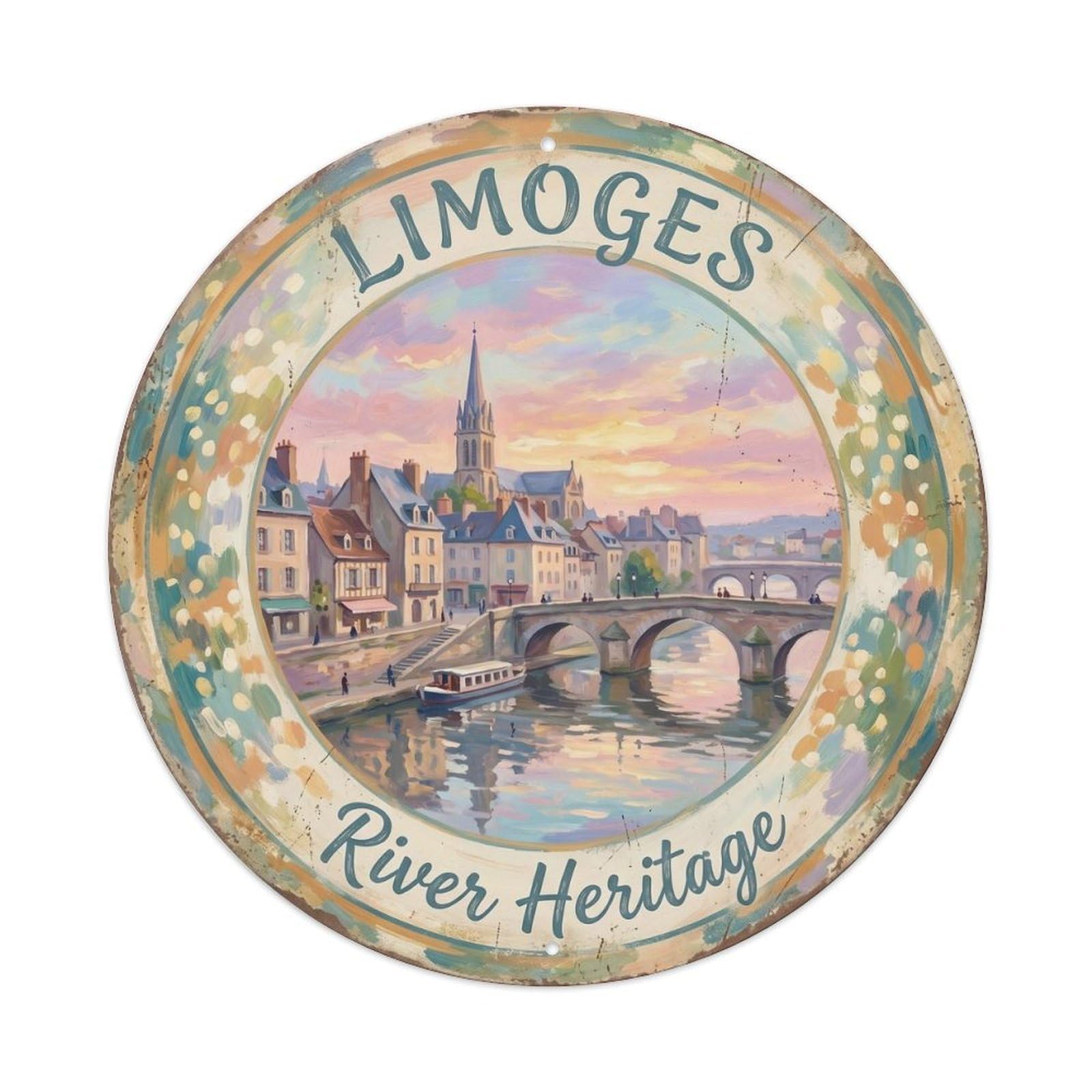 Limoges France Oldtown Cartography Vintage Travel Cityscape Metal Tin Sign Plaque Wall Decor for Cafe, Man Cave, Club Bar, Office, Home Garden Round Metal Poster 8x8Inch