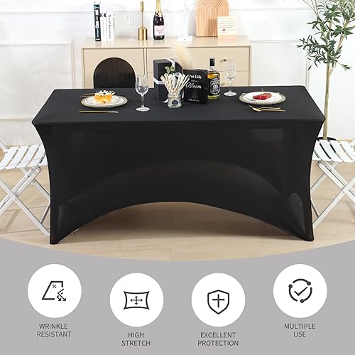 Miniatura 5 de Fixwal Manteles para mesas rectangulares de 8 pies, paquete de 2, manteles rectangulares negros de 8 pies, mantel ajustable, mantel de elastano