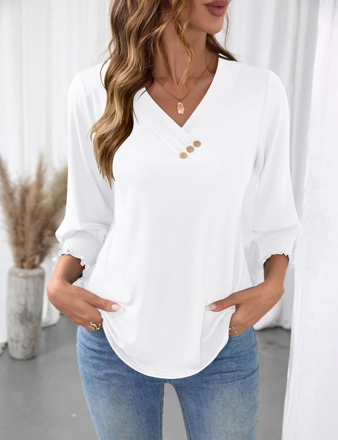 LOMON Blouses for Women Dressy Casual 3/4 Length Sleeve Womens Tops with Buttons Decor - Image 3