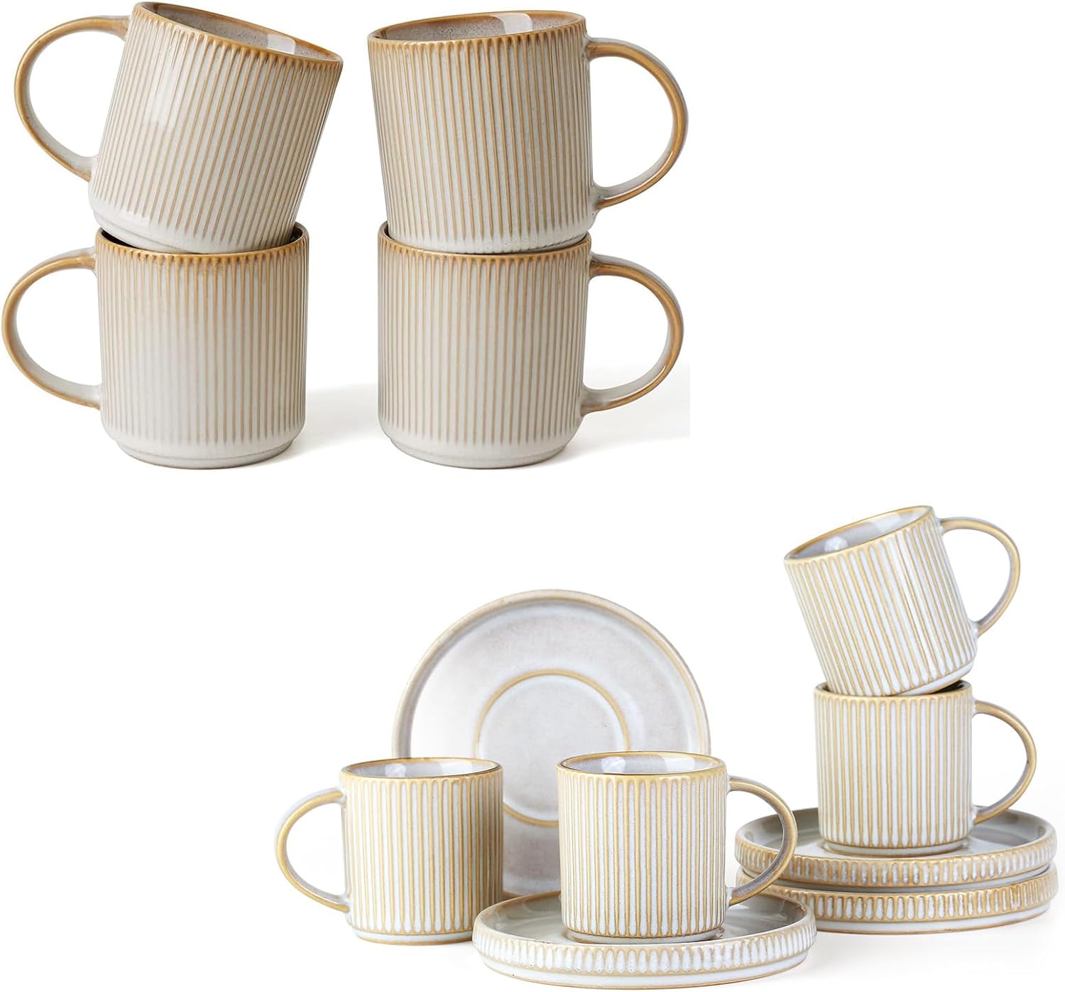 famiware Coffee Mug Set for 4 (12 oz) - Espresso Cups and Saucers Set of 4 (3 oz) - Star Stoneware Cups - Cappuccino White