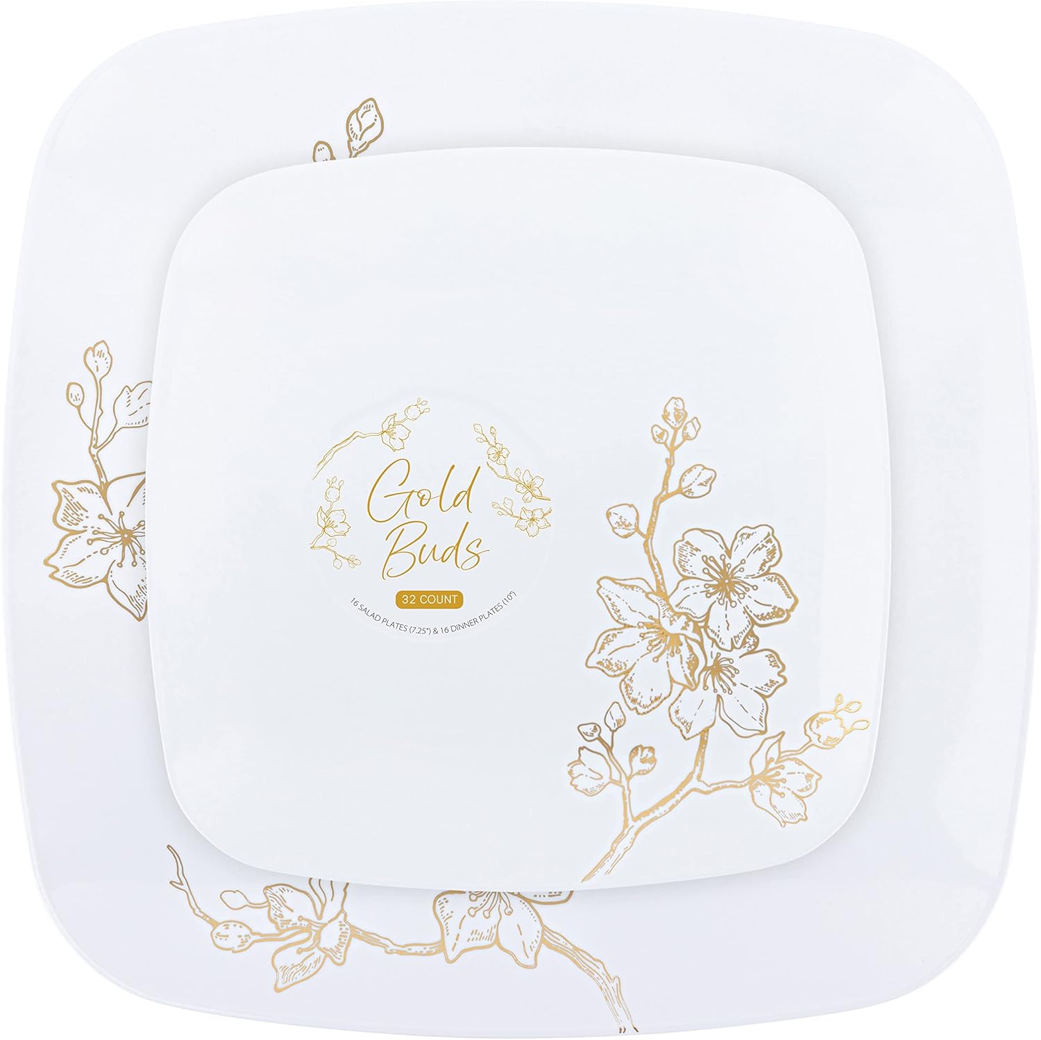 PLASTICPRO Square 32 Piece Combo Plates Set includes 16 x 7'' inch Salad Plates & 16 x 10'' inch Dinner Plates White Plastic Gold Buds Design Party Plates, Premium Elegant, Tableware,