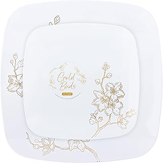 PLASTICPRO Square 32 Piece Combo Plates Set includes 16 x 7'' inch Salad Plates & 16 x 10'' inch Dinner Plates White Plastic Gold Buds Design Party Plates, Premium Elegant, Tableware,