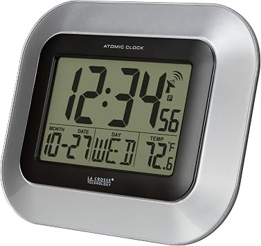 La Crosse Technology WT-8005U-S Atomic Digital Wall Clock with Indoor Temperature, Silver