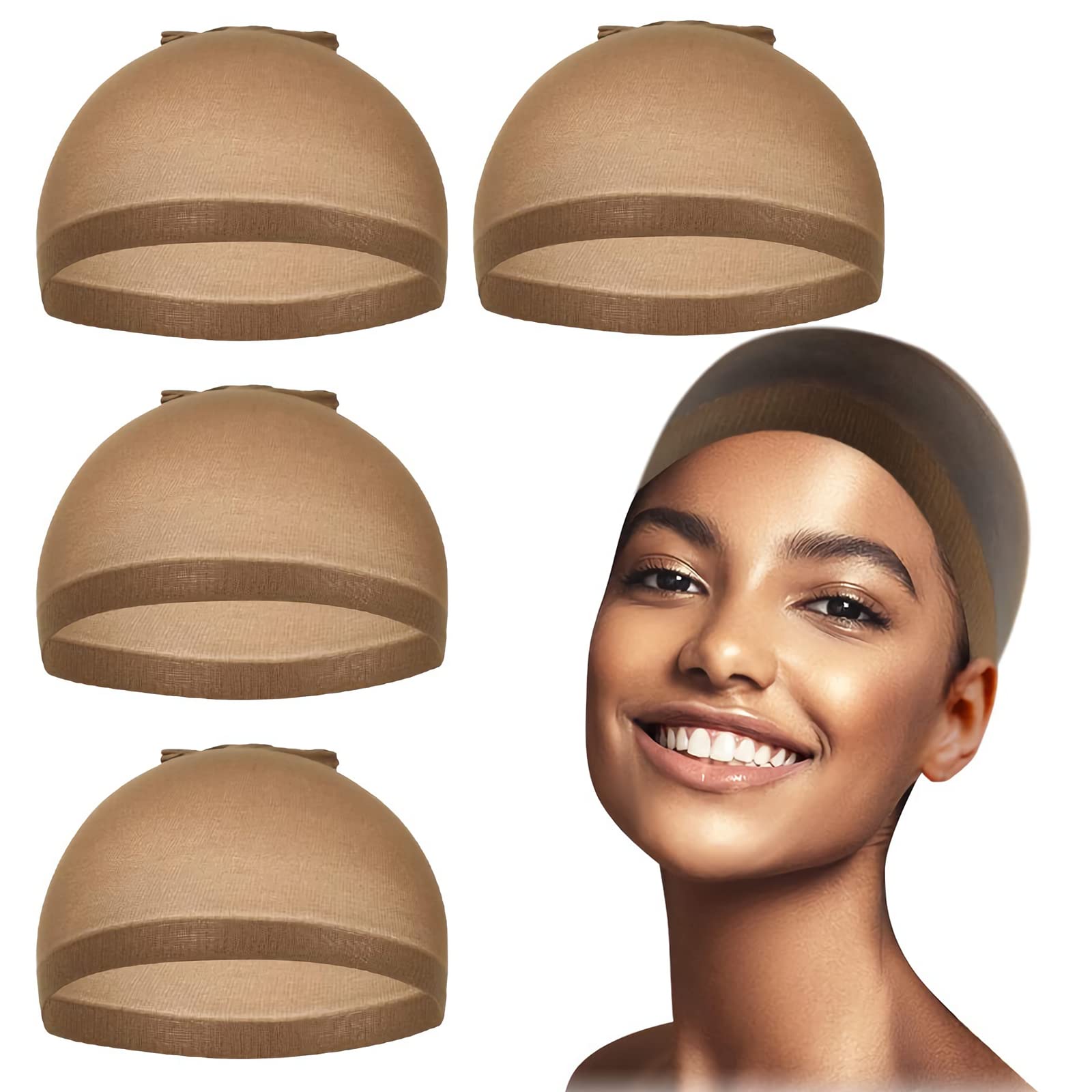 Stretchy Nylon Wig Caps, 4 Pcs Stocking Caps For Wigs Women (Light Brown)