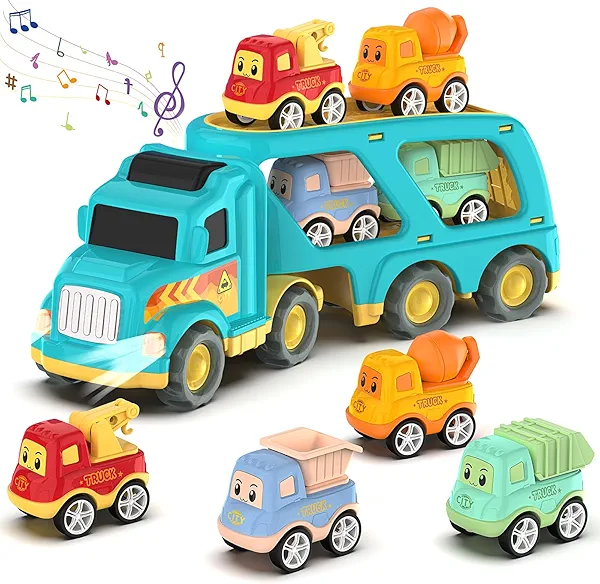 Veslier Toy Trucks for 2 3 4 5Years Old,Construction Transpor Trucks for Toddlers 2-4 Years with 4 Pull Back Cars for Toddlers 1-3,Christmas Birthday Gift for 18M+ 2 3 4 5 Years Old Kids Boys Girls.